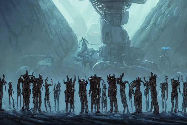 Image similar to ancient alien portral, a crowd of androids lined up for the portal, pilgrimage, in mad max style, stargate, coriolios rpg art style, full of details, dark sci - fi, cold blue colors, matte painting, artstation, 8 k, hyperrealistic, style of peter mohrbacher