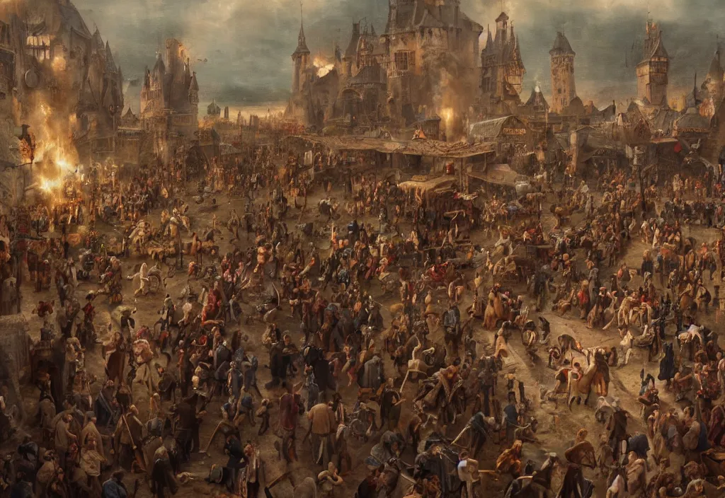 Prompt: photography crowd of emma watsons fight with nicholas cage in a medieval market detailed matte painting,
