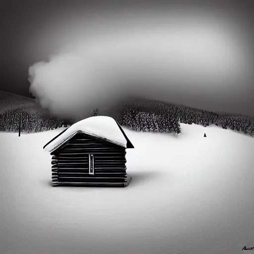 Image similar to a cabin on a hill, snowatorm, winter, smoke rising from the pipe, by alex andreev, landscape, high contrast, digital