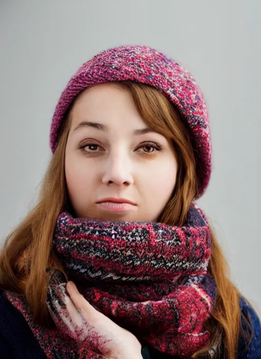 Prompt: portrait of a 2 3 year old woman, symmetrical face, scarf, hat, she has the beautiful calm face of her mother, slightly smiling, winter ambient light