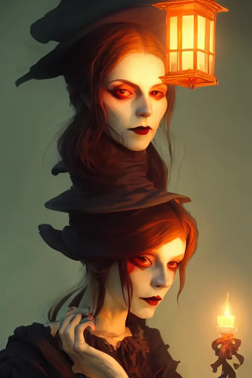 Image similar to portrait of a ghoulish victorian witch dark cheekbones holding a lantern, halloween night, charlie bowater, artgerm, ilya kuvshinov, krenz cushart, ruan jia, realism, ultra detailed, 8 k resolution