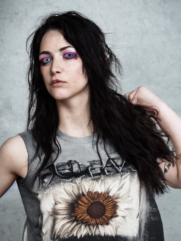 Prompt: hyperdetailed close shot of a beautiful daisy edgar - jones, brown eyes, dark hair, black makeup, skin, winds of winter, with ripped crop t - shirt with a logo, fine - face, pretty face