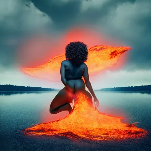 Prompt: black woman surrounded by a lake of fire ,8K, hyper realistic render