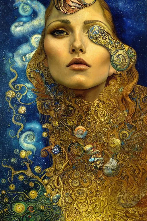 Prompt: Visions of Paradise by Karol Bak, Jean Deville, Gustav Klimt, and Vincent Van Gogh, visionary, otherworldly, fractal structures, ornate gilded medieval icon, third eye, spirals, heavenly spiraling clouds with godrays, airy colors, feathery wings