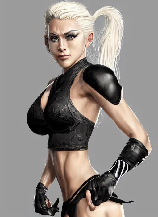 Prompt: a highly detailed illustration of fierce ponytail platinum blonde woman wearing black mma bra and gloves, dramatic muay thai fight stance pose, muscular, intricate, elegant, highly detailed, centered, digital painting, artstation, concept art, smooth, sharp focus, league of legends concept art, WLOP