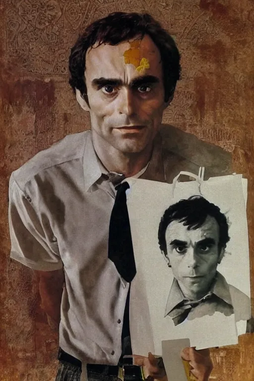 Prompt: a closer personal portrait of ted bundy with very piercing eyes, very charismatic. in the old ancient temple of luxor. masterpiece, dark. painted by norman rockwell and james gurney