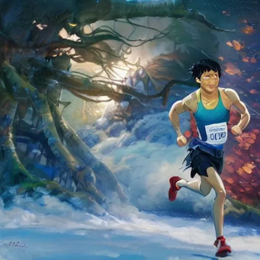 Prompt: portrait of a olympic games champion running, an oil painting by ross tran and thomas kincade, studio ghibli