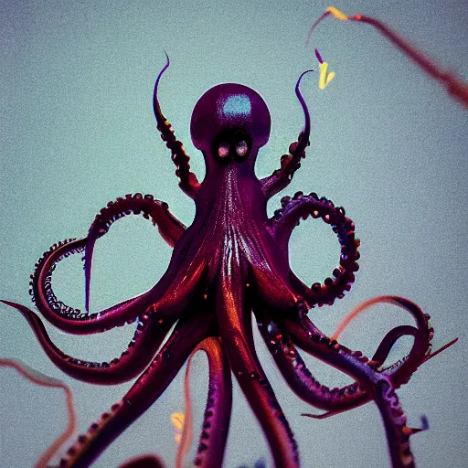 Image similar to macro photo of sci-fi cybernetic octopus holding paintbrushes, photography, filmic, cinematic, dramatic, depressed, photoshoot, 35mm, wide angle, short exposure, double-exposure, f/22, 22 megapixels, shot on 35mm, DSLR, 32k, hyper-realistic, highly detailed, ray traced, RTX, anti-aliasing, FXAA, sharpen, SFX, SSAO, de-noise, cinematic lighting, beautiful lighting, studio lighting, ultra realistic, max quality, epic 35 mm lens shot, photorealism, ray tracing global illumination, sharp focus, shadows, shaders, establishing shot