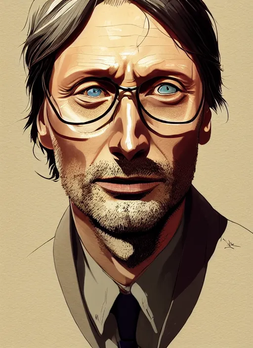 Image similar to portrait of mads mikkelsen, artstation, detailed cartoon, elegant, digital painting, concept art, smooth, sharp focus, illustration, ghibli, makoto shinkai, don bluth, fujita goro, jean giraud, akihiko yoshida, tom whalen 8 k