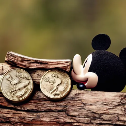 Image similar to mickey mouse laying down with arms crossed on a pyre of wood with coins over their eyes