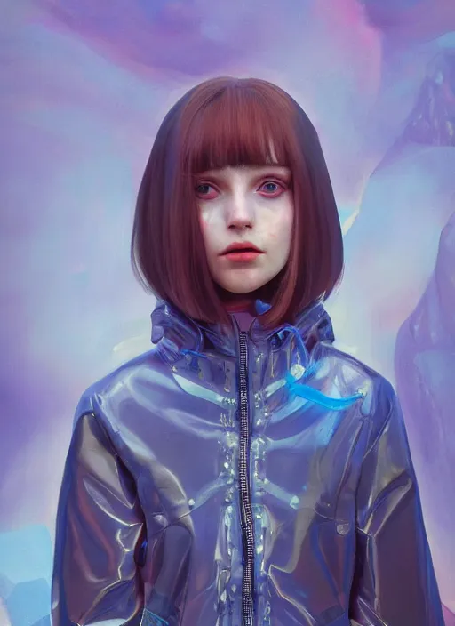 Image similar to blue eyes girl with transparent jacket :: by Martine Johanna and Simon Stålenhag and Chie Yoshii and wlop and Guillermo del toro :: ornate, dynamic, particulate, rich colors, elegant, centered, artstation, smooth, sharp focus, octane render, 3d