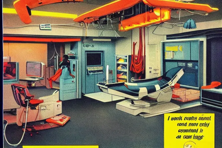 Image similar to 1979 OMNI Magazine Cover depicting an operating room in a commercial car garage. Cyberpunk Akira style by Vincent Di Fate