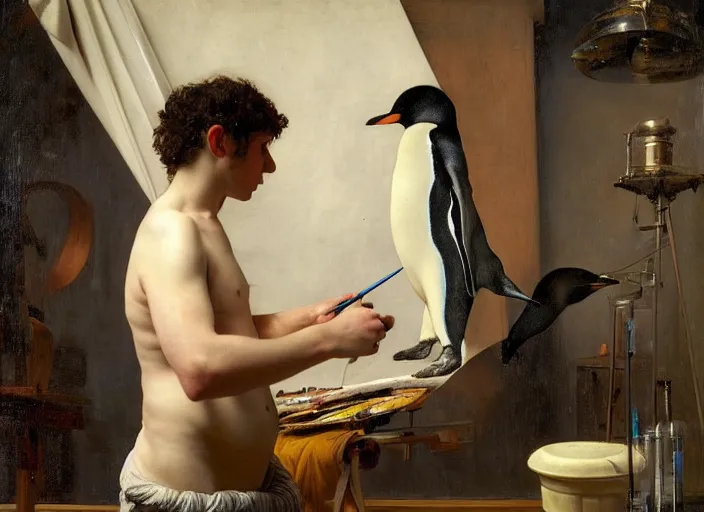 Prompt: a young painter in his studio painting a picture of a penguin, by edgar maxence and caravaggio and michael whelan and delacroix style, artistic, intricate drawing, cinematic lighting, hyper realistic, extremely detailed, establishing shot, 8 k resolution, dramatic lighting