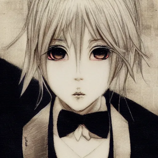 Image similar to Yoshitaka Amano realistic illustration of an anime girl with short white hair and black eyes wearing tuxedo, abstract black and white background, film grain effect, highly detailed, Renaissance oil painting