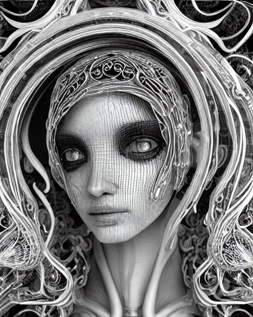 Image similar to mythical dreamy black and white organic bio-mechanical spinal ribbed profile face portrait detail of translucent steampunk beautiful female angelic-human-queen-vegetal-cyborg, highly detailed, intricate crystal ivy jelly ornate, poetic, translucent roses ornate, 3D render, digital art, octane render, 8K artistic photography, photo-realistic, by Dora Maar