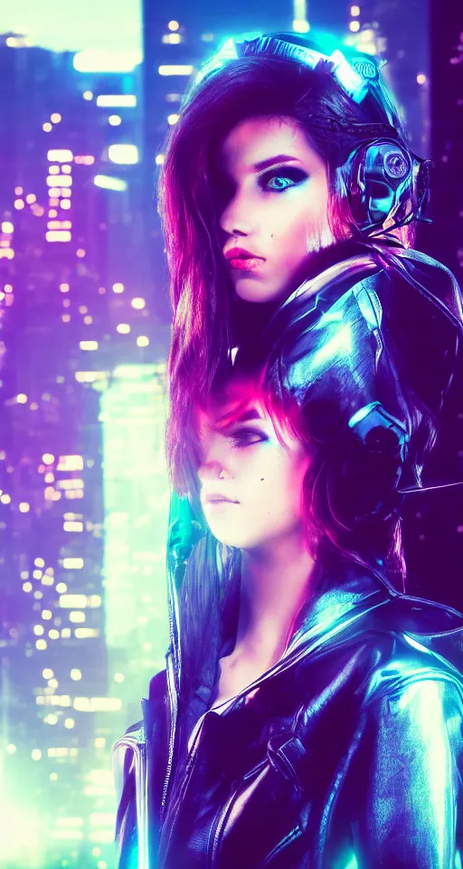 Image similar to Portrait of a beautiful cyberpunk women, city skyline on background, neon lights, glow, retrowave style