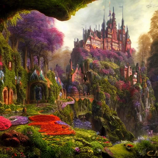 Image similar to a beautiful and highly detailed matte painting of a beautiful castle in a magical fantasy forest garden, psychedelic flowers and trees, colorful vegetation, epic scale, insanely complex, hyperdetailed, sharp focus, hyperrealism, artstation, cgsociety, 8 k, bright colors, by caspar friedrich, albert bierstadt, james gurney, brian froud,