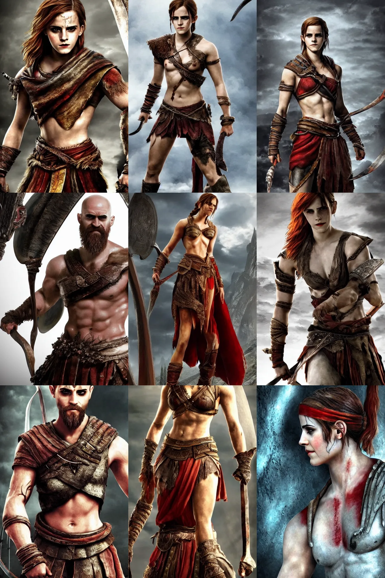 Image similar to Emma Watson as Kratos, brutal, detailed realistic, photorealistic, full body