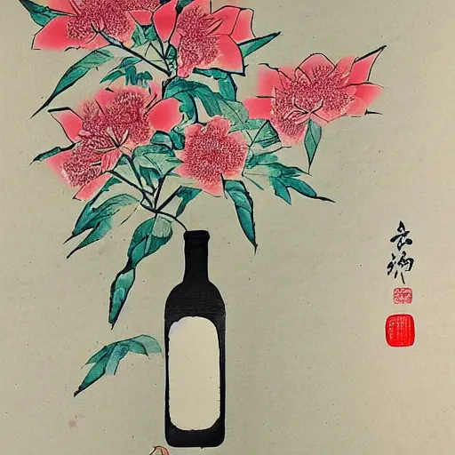 Prompt: amongst the flowers is a pot of wine, i pour alone but with no friend at hand, chinese painting