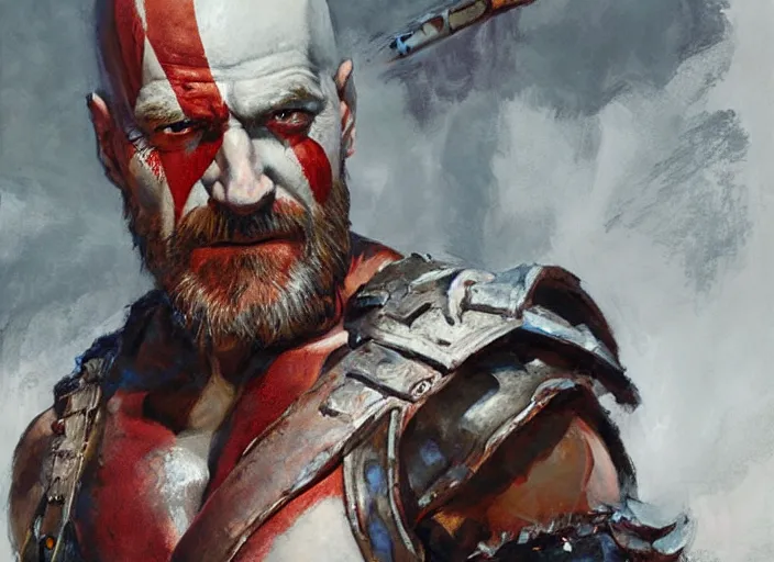 Prompt: a highly detailed beautiful portrait of bryan cranston as kratos, by gregory manchess, james gurney, james jean