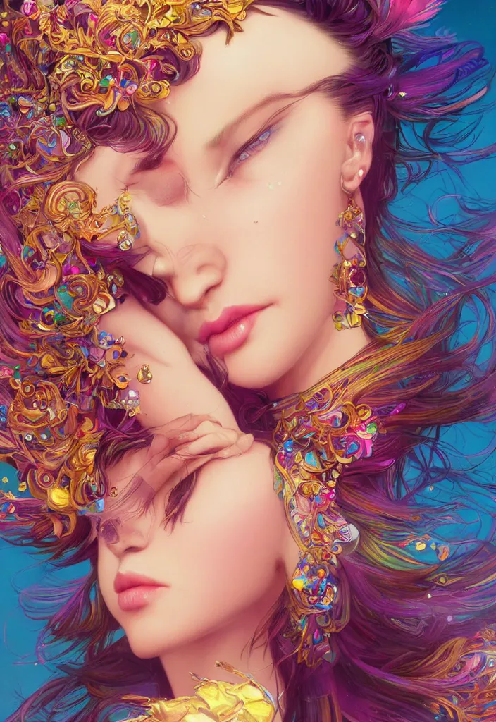 Image similar to beautiful, young woman, detailed gorgeous face, vaporwave aesthetic, synthwave, colorful, psychedelic, water droplets, feathers, crown, artstation, concept art, smooth, extremely sharp detail, finely tuned detail, ultra high definition, 8 k, unreal engine 5, ultra sharp focus, illustration, art by artgerm and greg rutkowski and alphonse mucha