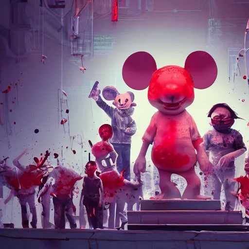 Prompt: mikki mouse's over sized head with blood splatters on his face, netflix stage surrounded by a group of working people standing on top of the stage looking at him, cyberpunk art by beeple, rube goldberg, cgsociety contest winner, video art, playstation 5 screenshot, freakshow, diorama, toyism, unreal engine 8 k