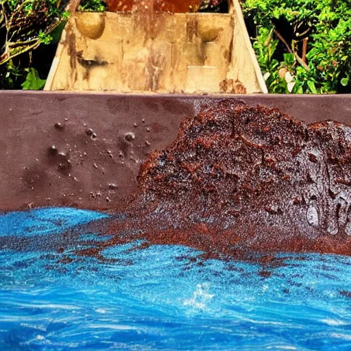 Prompt: wave chocolate choco liquid brown dark splatter splash river pool molten light frothy.