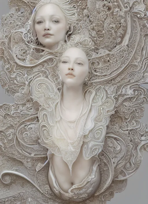 Image similar to opalescent marble sculpture of beautiful woman, mandelbulb, ivory carving, fractal paisley inlay, lace, intricate, lace, elegant, highly detailed, artgerm, lace, by ruan jia and greg rutkowski