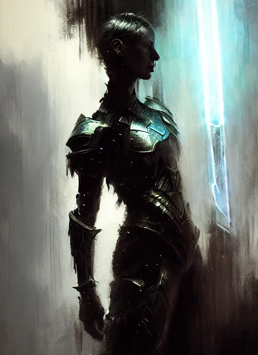 Prompt: christy turlington as mage wearing arcane light armor, fantasy, cinematic lighting, by jeremy mann