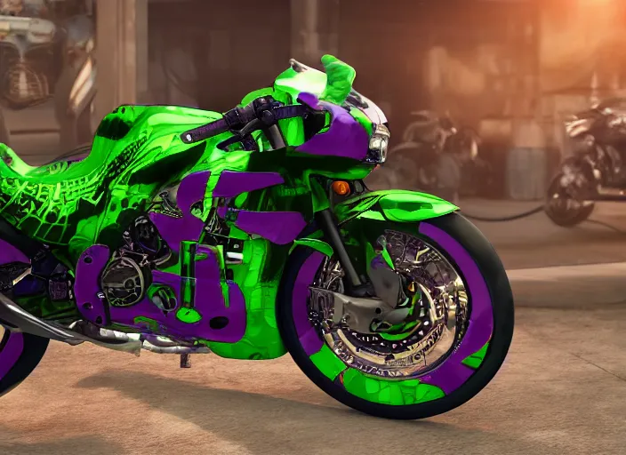 Image similar to snake oil purple and green SIPTECH motorbike livery, global illumination, insanely detailed and intricate, immaculate, matte painting, cinematic, 8k