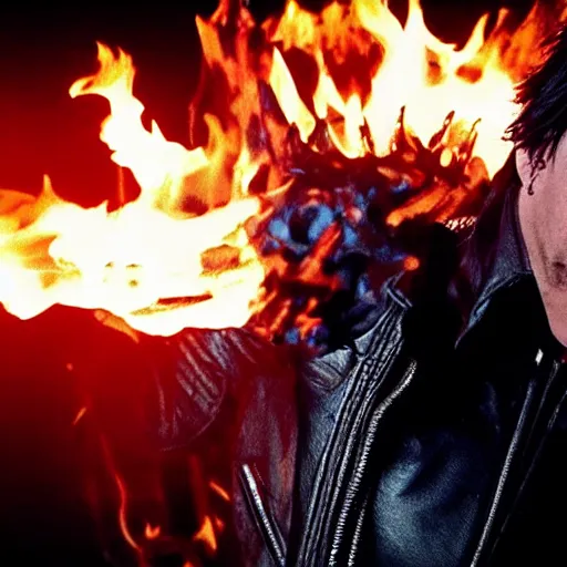Image similar to Keanu Reeves as ghostrider Half skull on fire 4K quality Super Realistic
