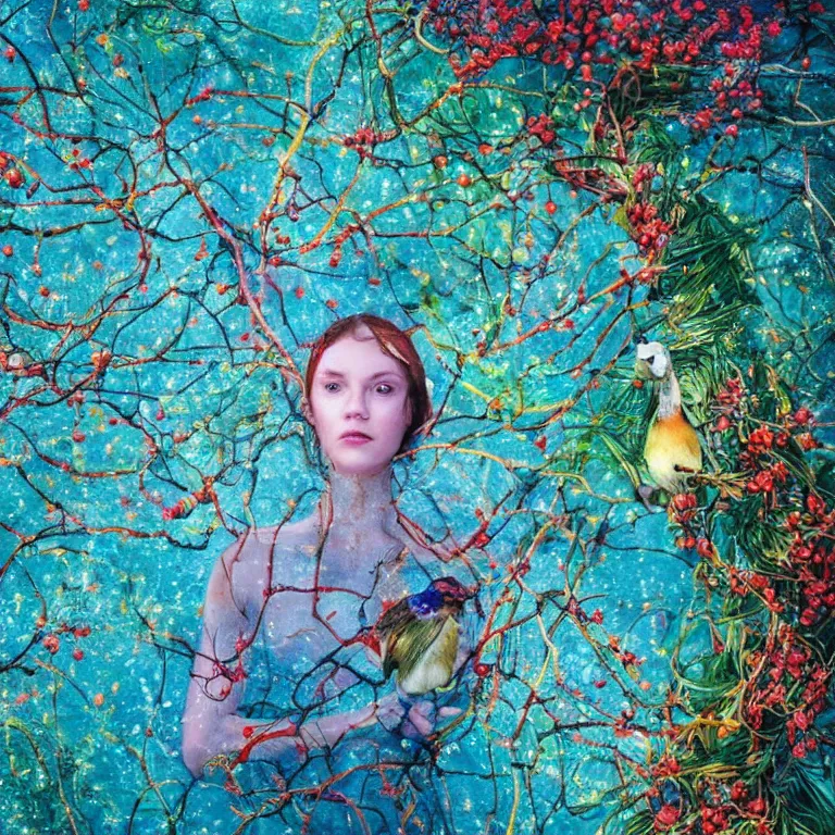 Image similar to human with the sea and the forest inside, veins diverge through the body like rivers filmed on a satellite, a person is decorated with wild berries, a beautiful bird is looking at him next, colorful picture