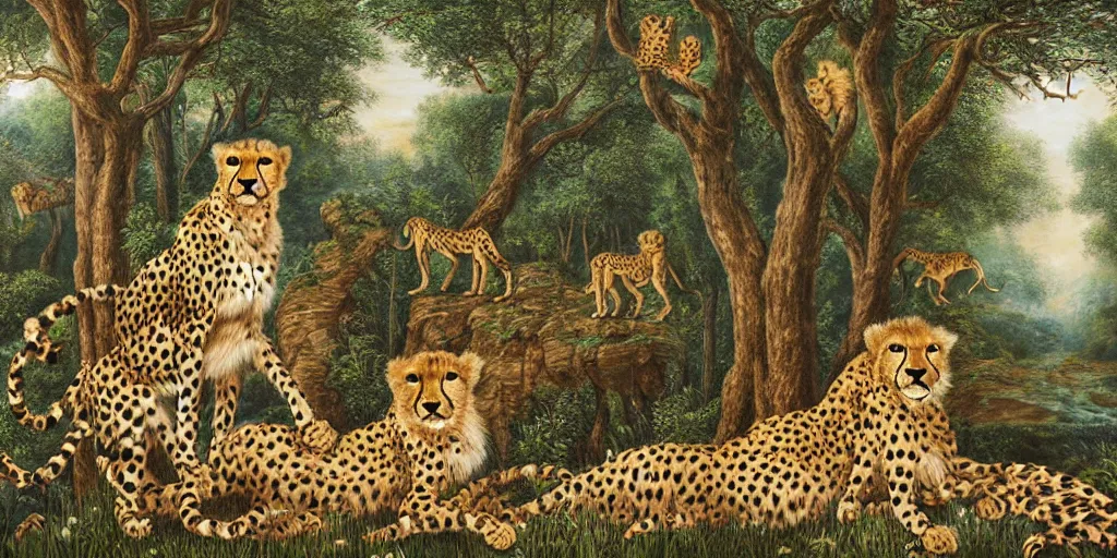 Image similar to cheetah and lion in front of birthday table in fairytale forest , huge scale, high detail, intricate by Jonathan Bentley