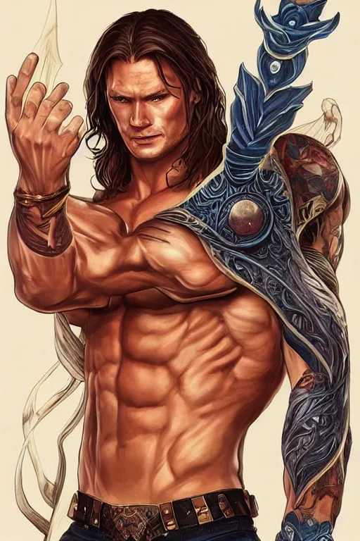 Image similar to muscular sam winchester as a mage tattooed in the cover of an acotar book, sarah j. maas, d & d!, fantasy style, sharp focus!, ultra detailed, art by artgerm, wlop, ilya kuvshinov