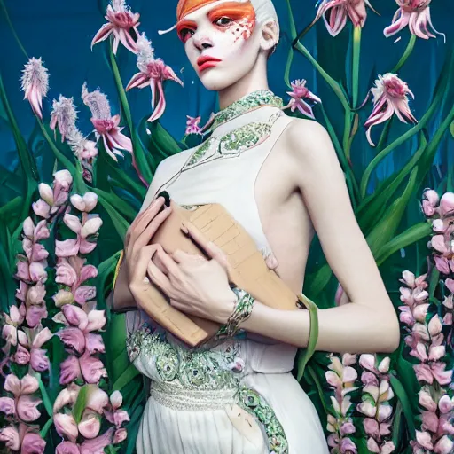 Image similar to pretty model with white wolf, white lilies : : by martine johanna and simon stalenhag and chie yoshii and casey weldon and wlop : : ornate, dynamic, particulate, rich colors, intricate, elegant, highly detailed, vogue, wolf, harper's bazaar art, fashion magazine, smooth, sharp focus, 8 k, octane render