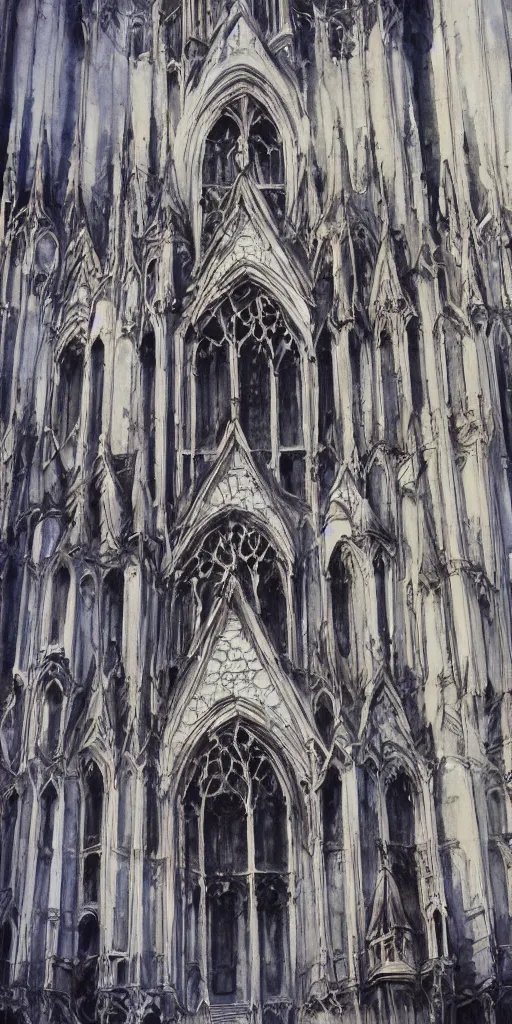 Image similar to A beautiful watercolor of the most emblematic facade of gothic, by albert kiefer, octane render, extremely detailed, architecture drawing, drawing, line drawing, pastel color, people, trending on artstation