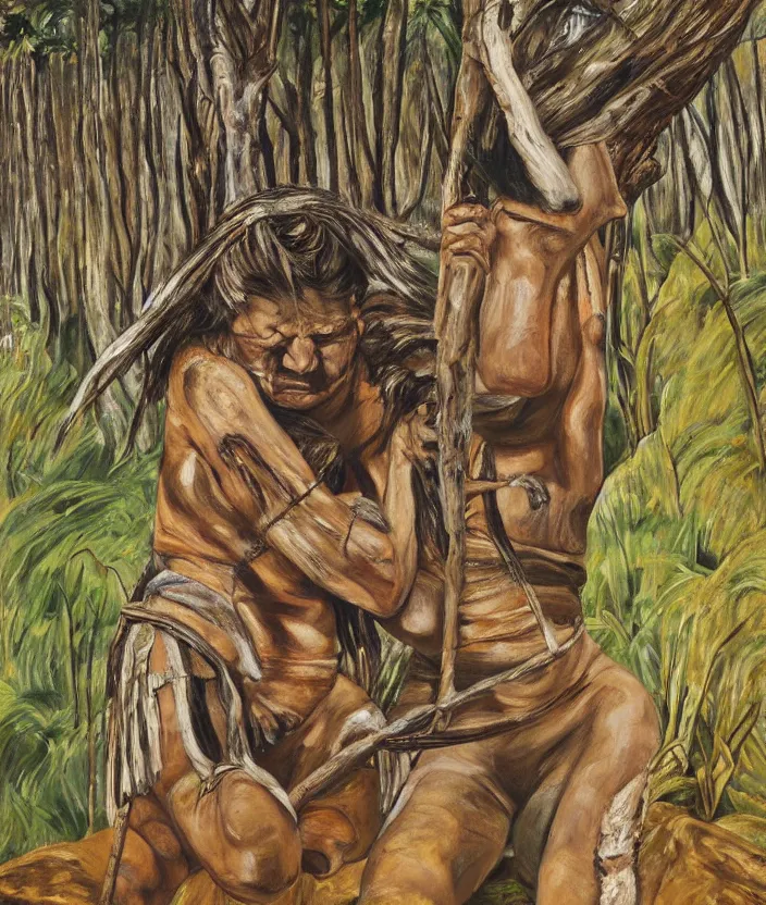 Image similar to indigenous woman warrior in the forest, painted by lucian freud, hd, super detailed, realistic, muted colors