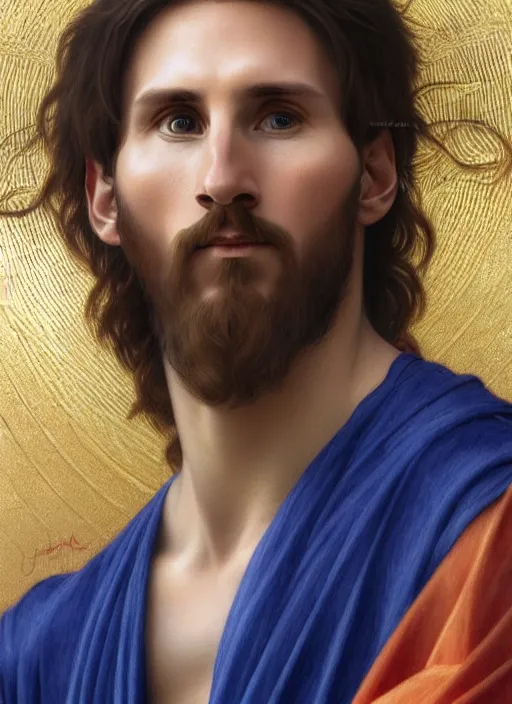 Prompt: portrait lionel messi as jesus with blue eyes, full length shot, shining, 8 k highly detailed, sharp focus, illustration, art by artgerm, mucha, bouguereau