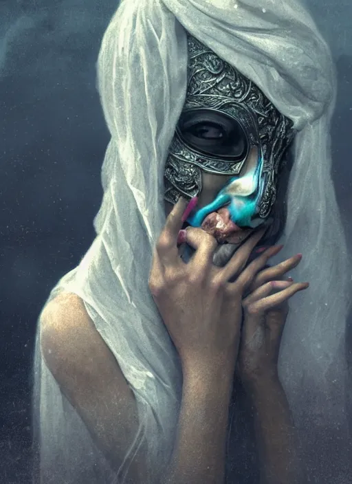 Prompt: close up of a veiled half scull mask girl on the ruins temple, looking at the camera very curiously, hands on lips, smog on the floor, extremely beautiful and aesthetic and attractive and cute detailed face and body, chiaroscuro, model pose, fantasy illustrations, by makoto shinkai and jeremy lipking and ferdinand knab