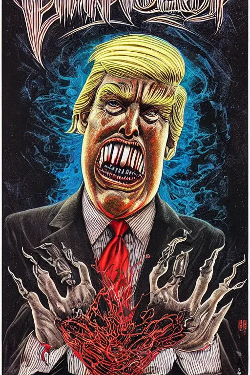 Prompt: donald trump's disgusting true form, horror, high details, intricate details, by vincent di fate, artgerm julie bell beeple, 90s, inking, vintage 60s print, screen print