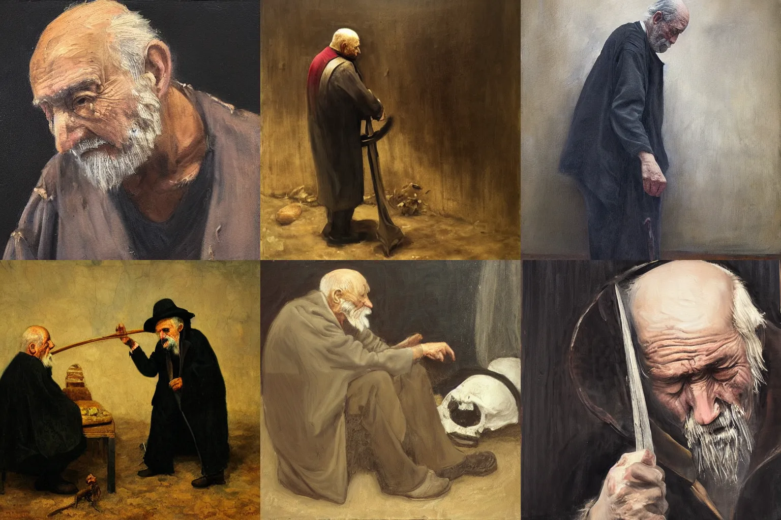 Prompt: an old man negotiating with a reaper, artistic, sad, naturalistic painting, award winning, emotion provoking