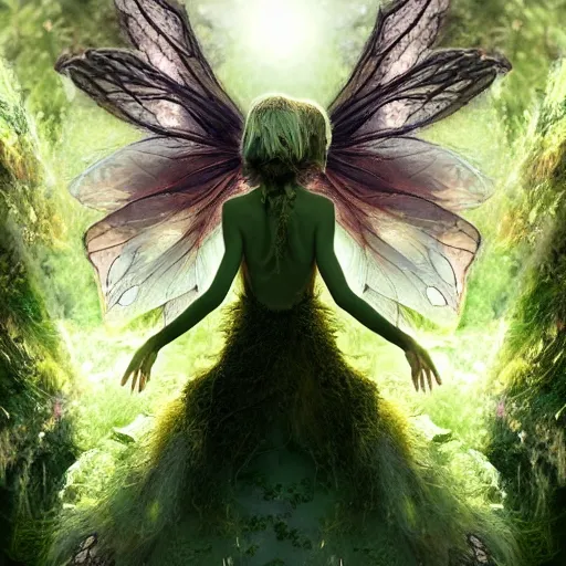 Prompt: full body pose, hyperrealistic photograph of moss fairy, symmetrical wings, dim volumetric lighting, 8 k, octane beautifully detailed render, extremely hyper detailed, intricate, epic composition, cinematic lighting, masterpiece, trending on artstation, very very detailed, stunning, hdr, smooth, sharp focus, high resolution, award, winning photo, dslr, 5 0 mm