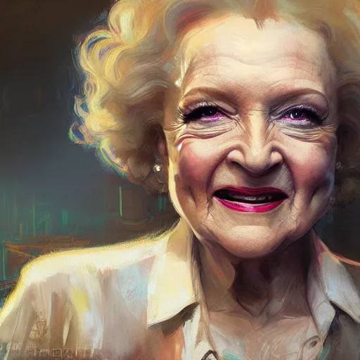 Prompt: betty white, hyperrealistic portrait, bladerunner street, art of elysium by jeremy mann and alphonse mucha, fantasy art, photo realistic, dynamic lighting, artstation, poster, volumetric lighting, very detailed face, 4 k, award winning