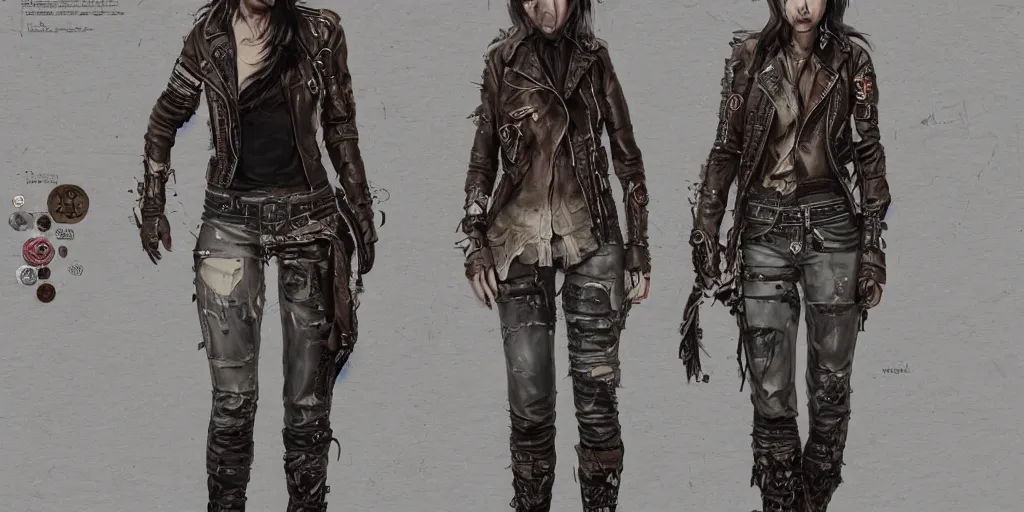 Prompt: female wanderer with tattooed arms and legs wearing an old scratched leather and ripped aviator leather jeans, wearing a short black jacket with rusty medals on it, character sheet, head details, props, concept design, contrast, kim jung gi, greg rutkowski, trending on artstation, 8 k, full body, turnaround, ultra wide angle, pincushion lens effect