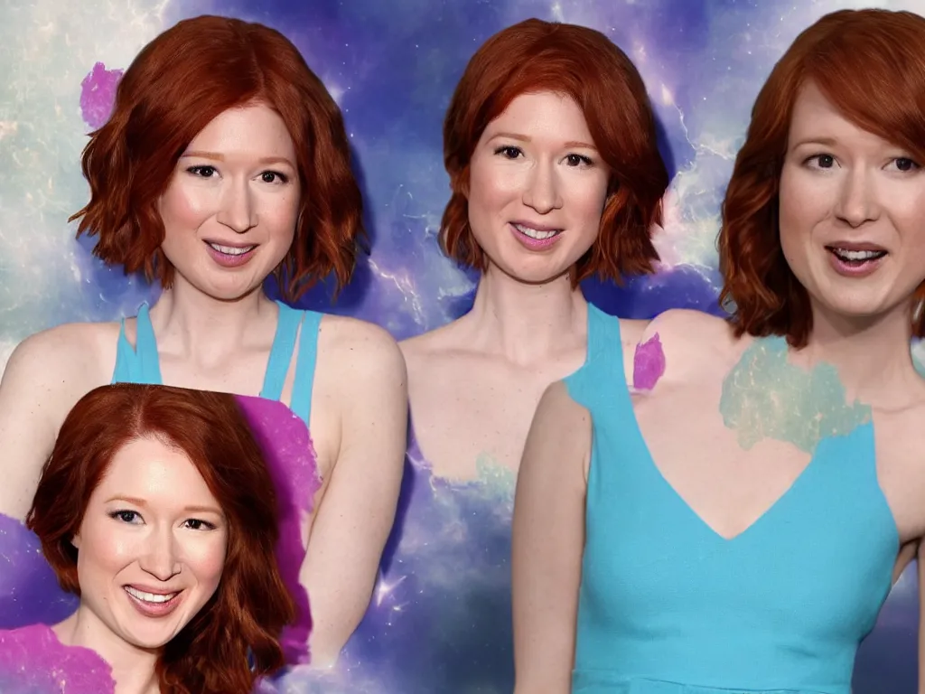 Image similar to realistic tabloid photo of Ellie Kemper trying to explain she's not Nebula