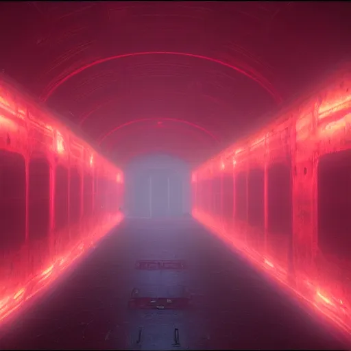 Prompt: a dark corridor with aggressive small red lights scattered and shining light on a new alien organism that arrived from Pluto, screenshot, Unreal Engine