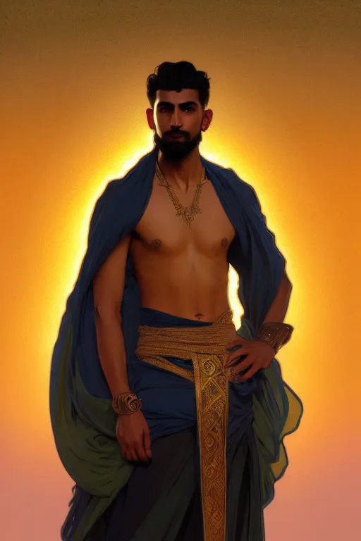 Prompt: full figure beautiful young fit arabic dark man, dressed with multicolored fluent clothes, luminous scene, by greg rutkowski and alphonse mucha, d & d character, gradient white to gold, in front of a dune desert background, highly detailed portrait, digital painting, artstation, concept art, smooth, sharp focus illustration, artstation hq