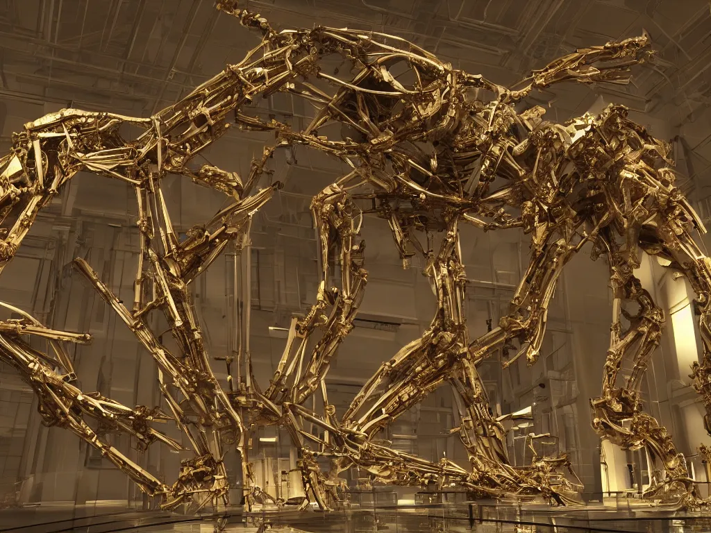 Prompt: the intricate skeleton of a megatherium made of iridiscent gold by a famous jeweler in a futuristic museum, unreal engine 5