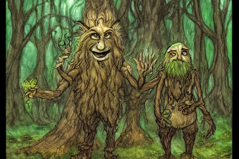 Prompt: a druid treefolk with troll face, standing in the forest, in the style of Tony Diterlizzi and Brian Froud, painterly