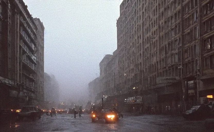 Image similar to 1990s movie still of a yougoslavian street with a giant riot with stalinist style highrise, Cinestill 800t 18mm, heavy grainy picture, very detailed, high quality, 4k panoramic, HD criterion, dramatic lightning, streetlight at night, rain, fog